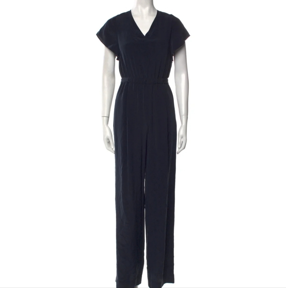 Vince Navy Silk V-Neck Jumpsuit Size Blue Size Large